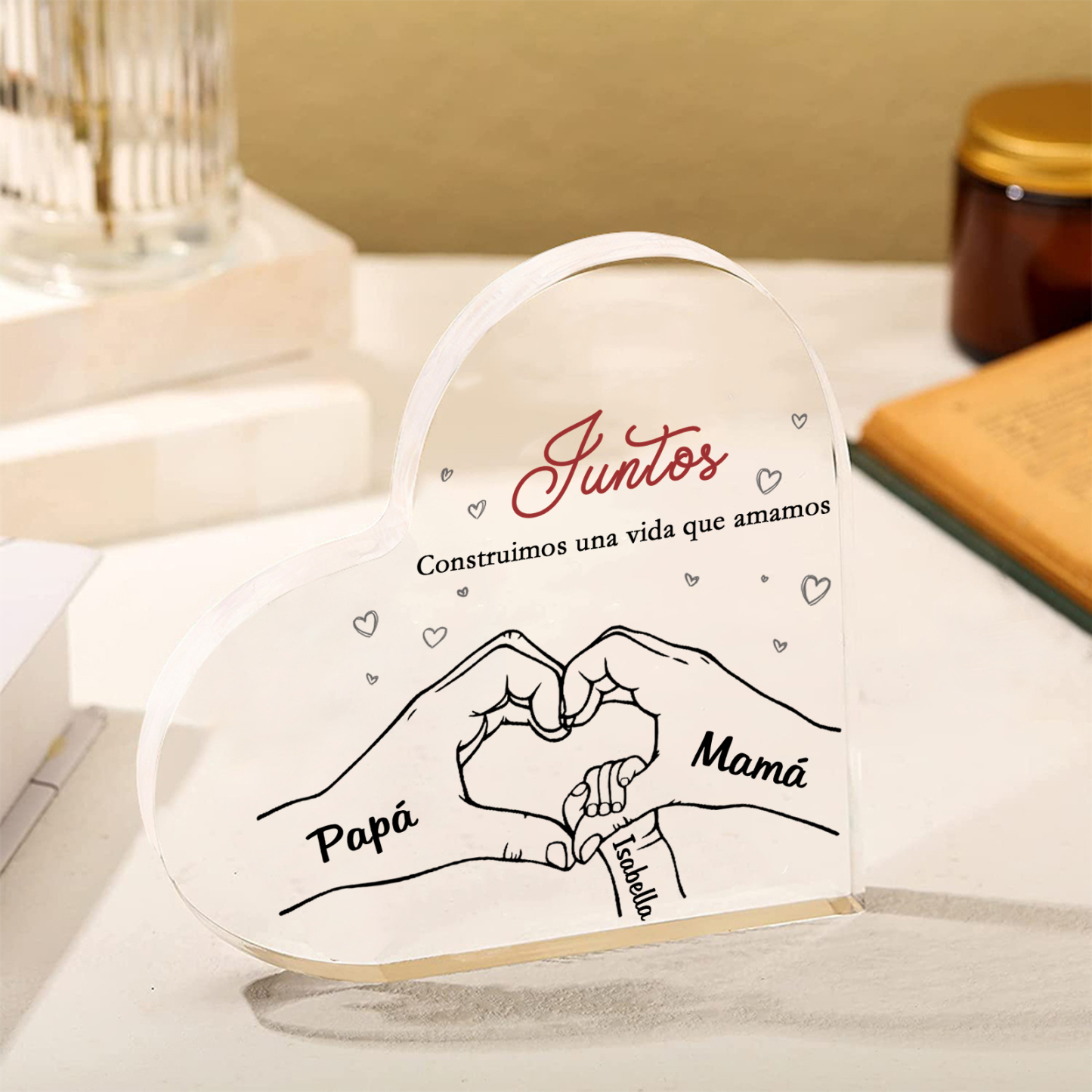 A familia-Placa de acrílico en forma de corazón mano con mano 3 nombres y 2 textos personalizados | Jessemade