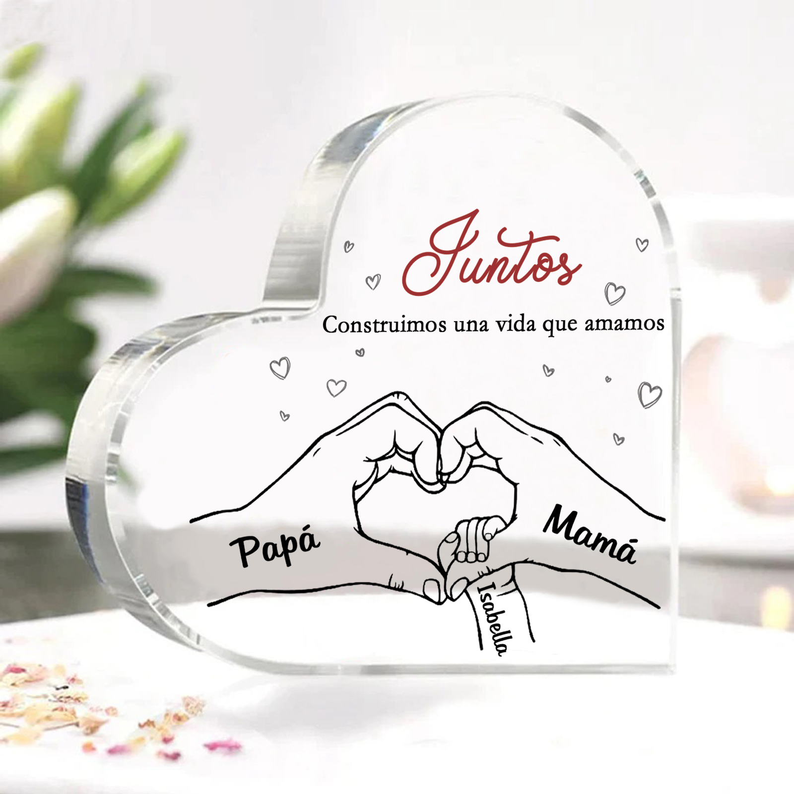 A familia-Placa de acrílico en forma de corazón mano con mano 3 nombres y 2 textos personalizados | Jessemade
