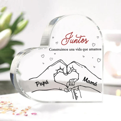 A familia-Placa de acrílico en forma de corazón mano con mano 3 nombres y 2 textos personalizados | Jessemade