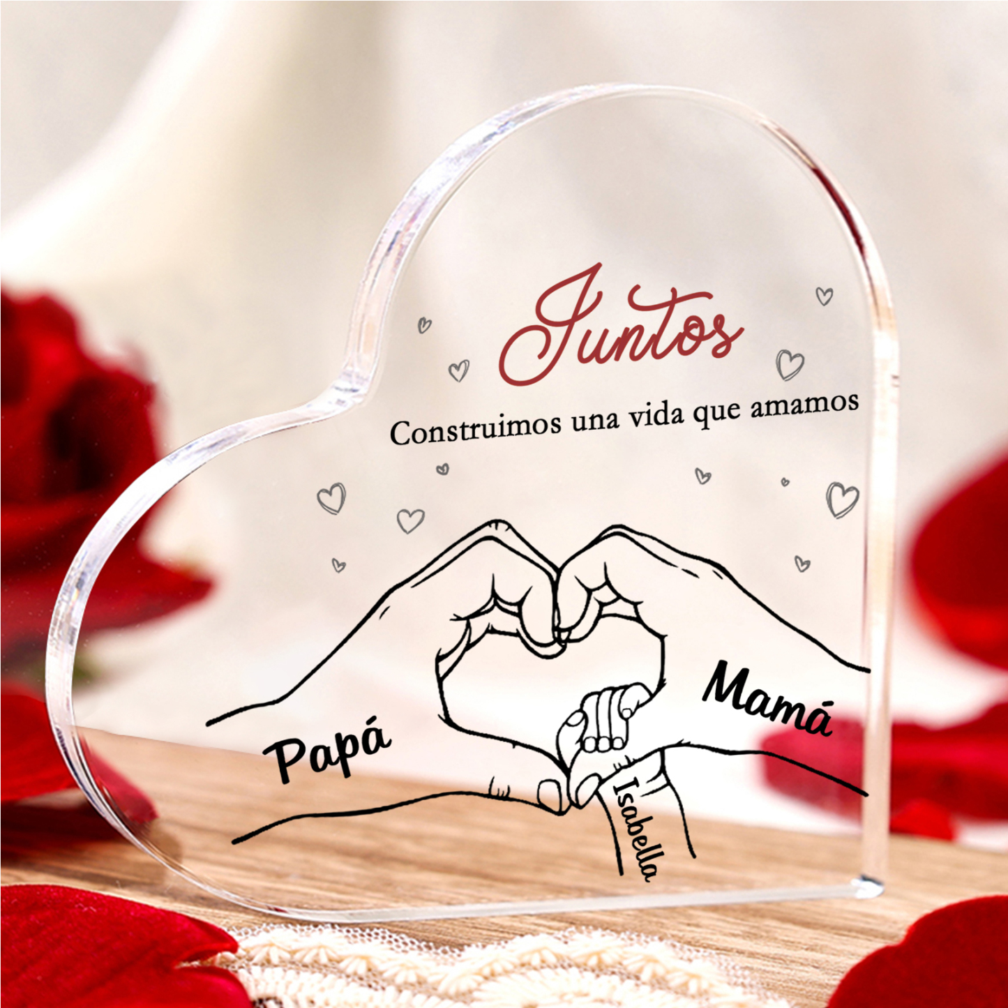 A familia-Placa de acrílico en forma de corazón mano con mano 3 nombres y 2 textos personalizados | Jessemade