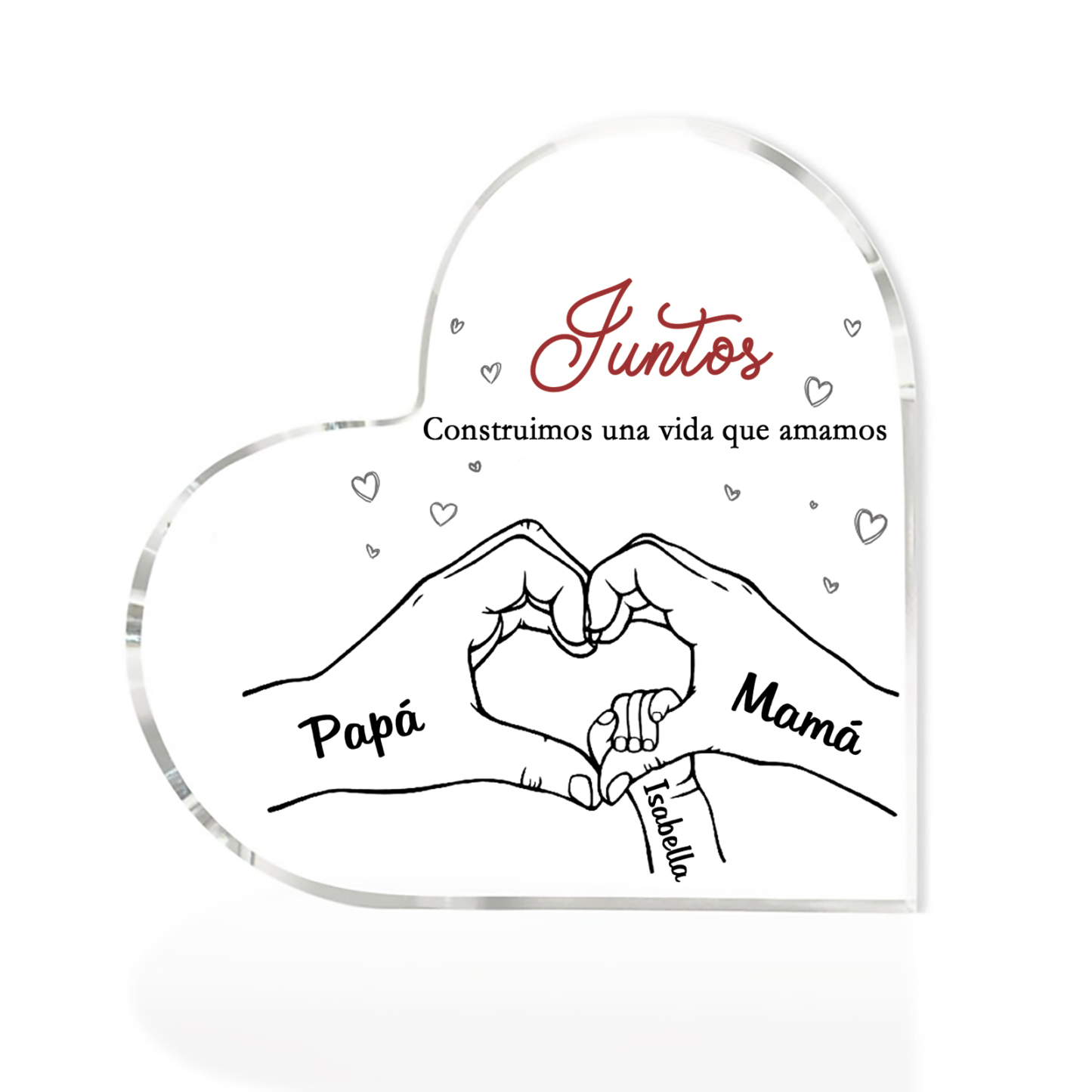 A familia-Placa de acrílico en forma de corazón mano con mano 3 nombres y 2 textos personalizados | Jessemade