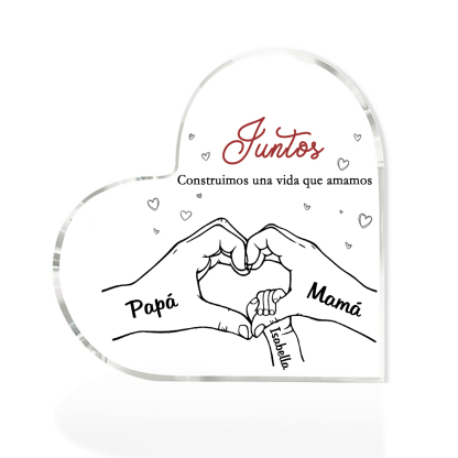 A familia-Placa de acrílico en forma de corazón mano con mano 3 nombres y 2 textos personalizados | Jessemade