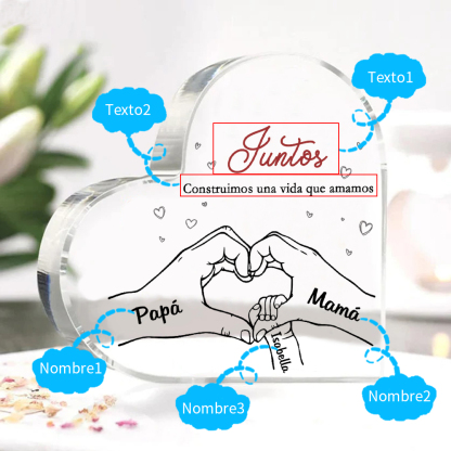 A familia-Placa de acrílico en forma de corazón mano con mano 3 nombres y 2 textos personalizados | Jessemade