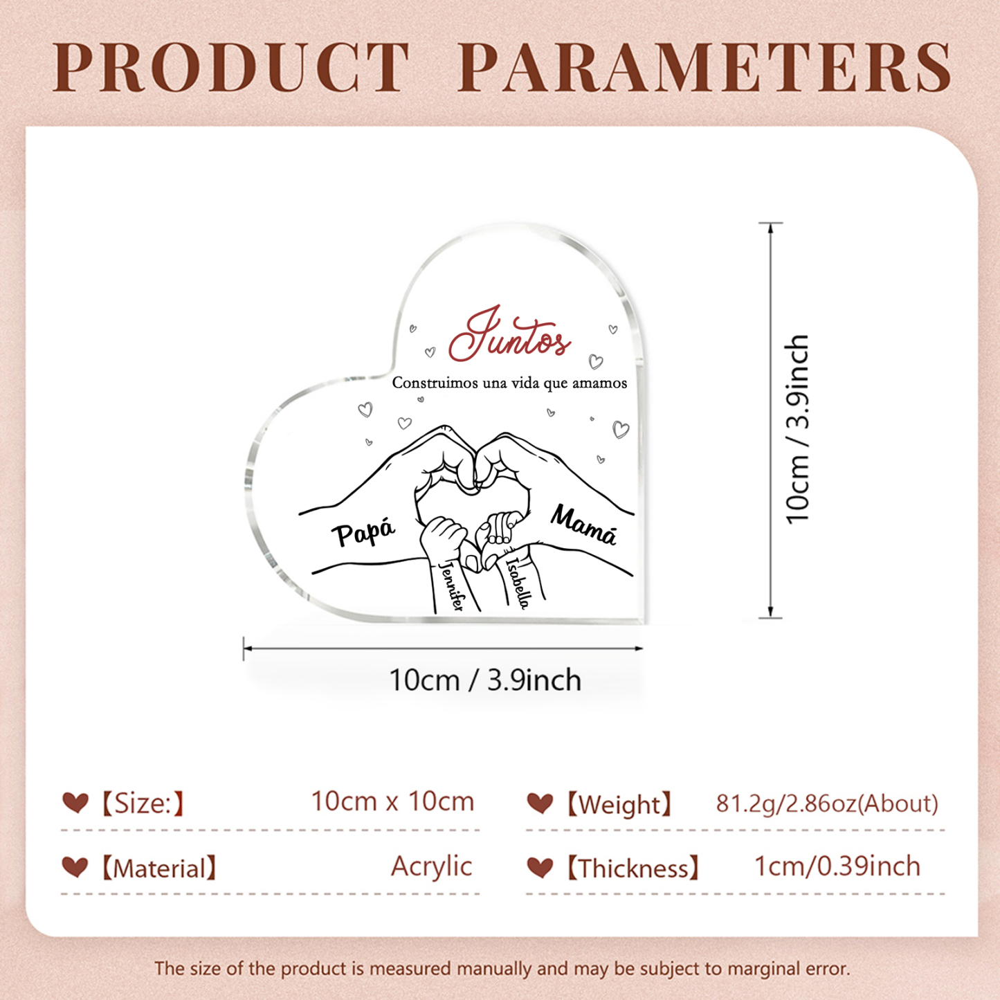 A familia-Placa de acrílico en forma de corazón mano con mano 4 nombres y 2 textos personalizados | Jessemade