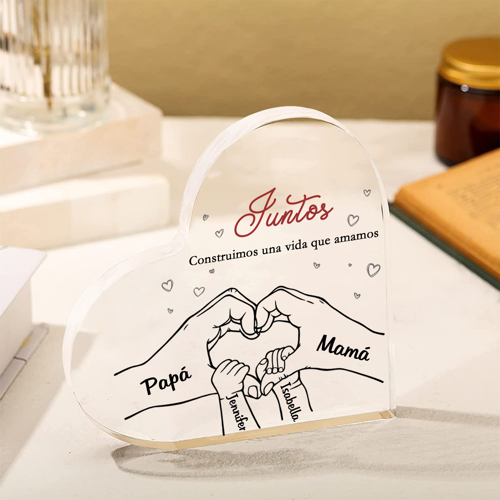 A familia-Placa de acrílico en forma de corazón mano con mano 4 nombres y 2 textos personalizados | Jessemade