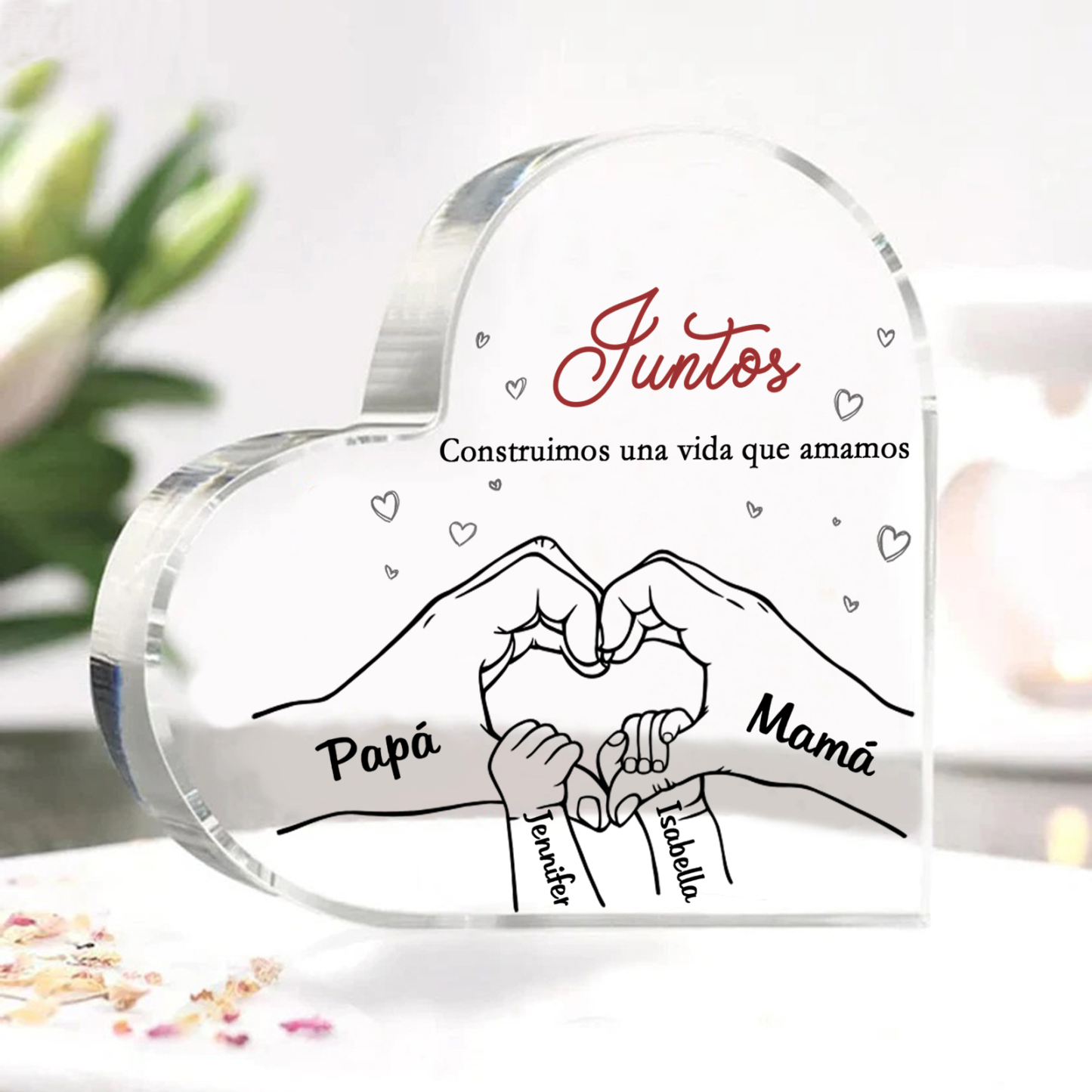 A familia-Placa de acrílico en forma de corazón mano con mano 4 nombres y 2 textos personalizados | Jessemade