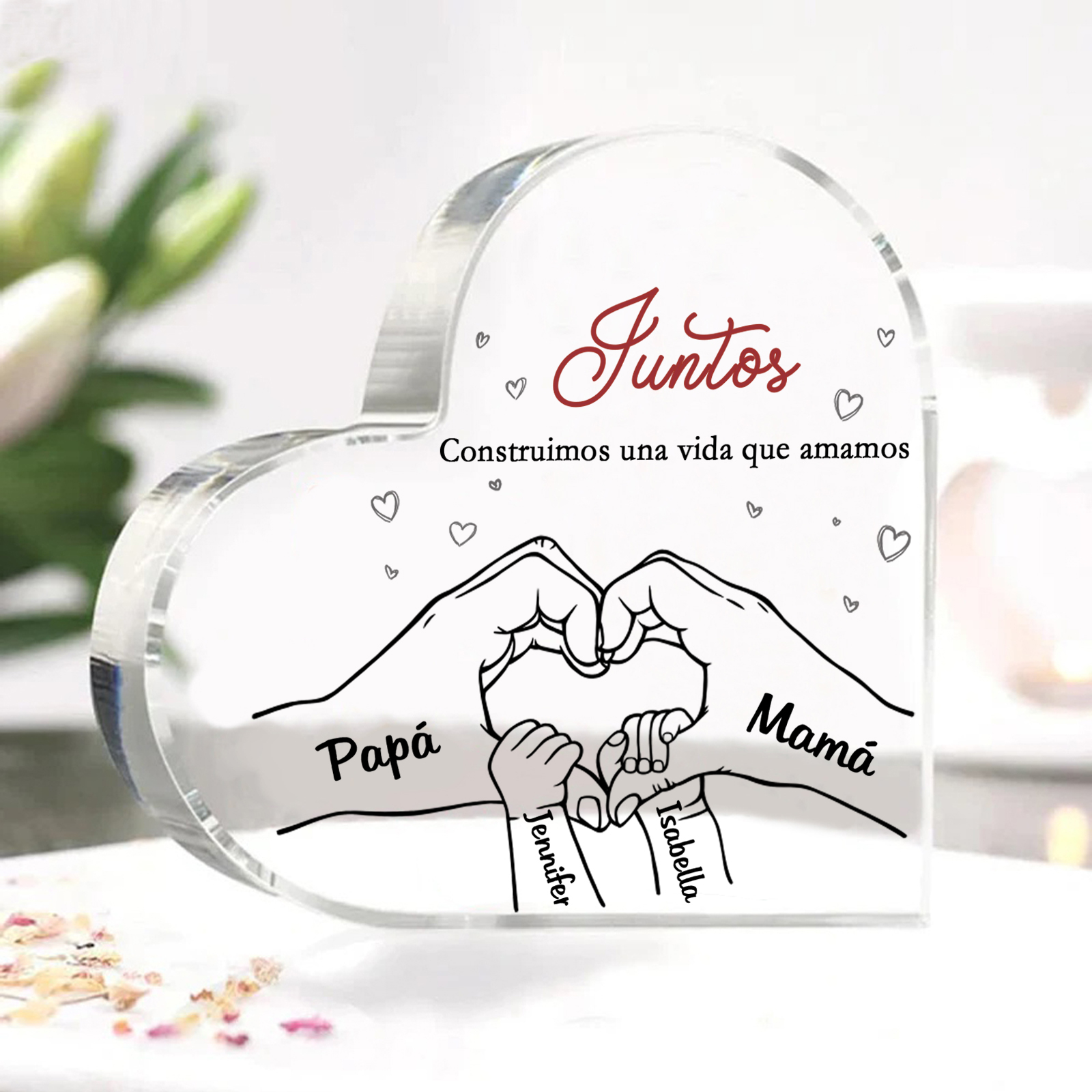 A familia-Placa de acrílico en forma de corazón mano con mano 4 nombres y 2 textos personalizados | Jessemade