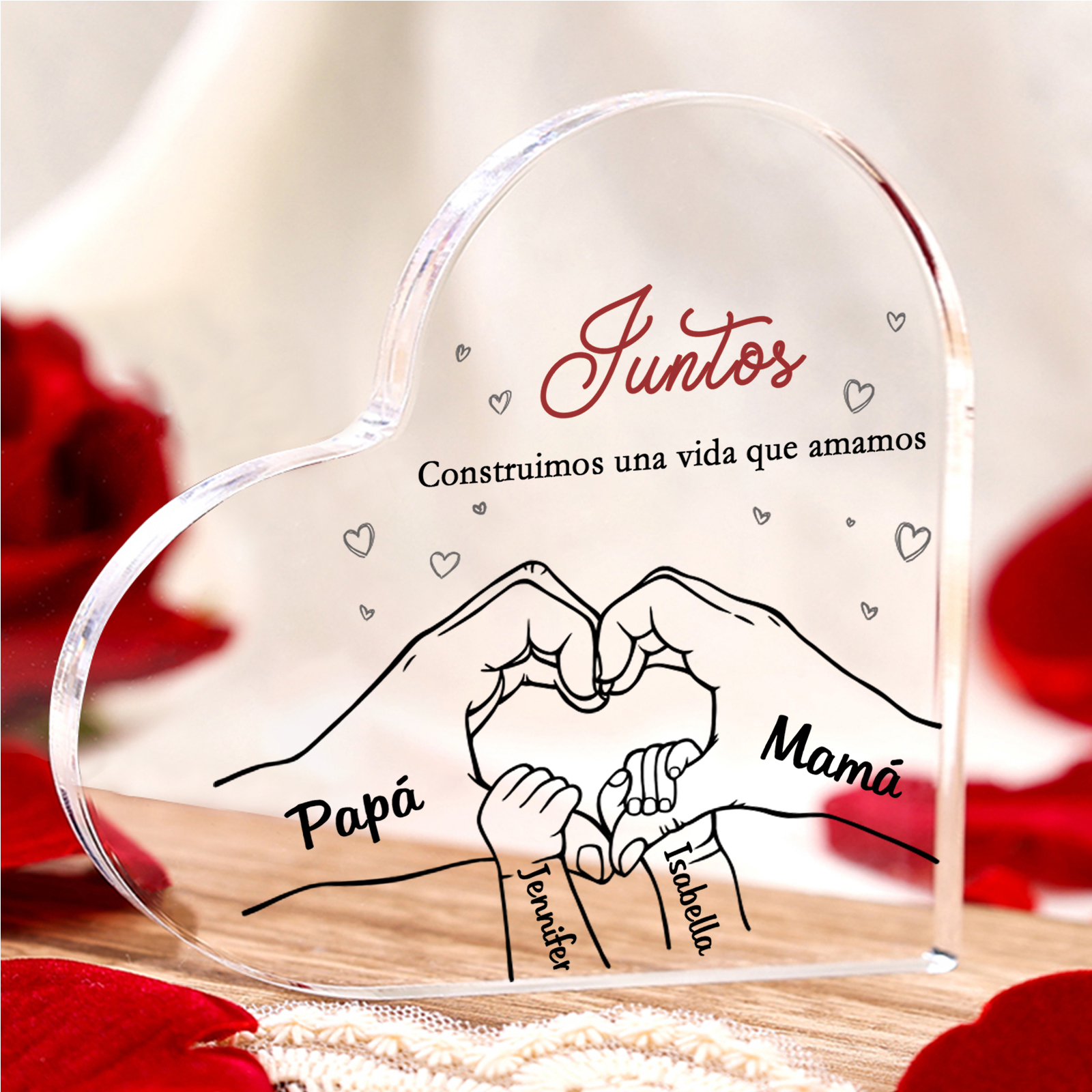 A familia-Placa de acrílico en forma de corazón mano con mano 4 nombres y 2 textos personalizados | Jessemade