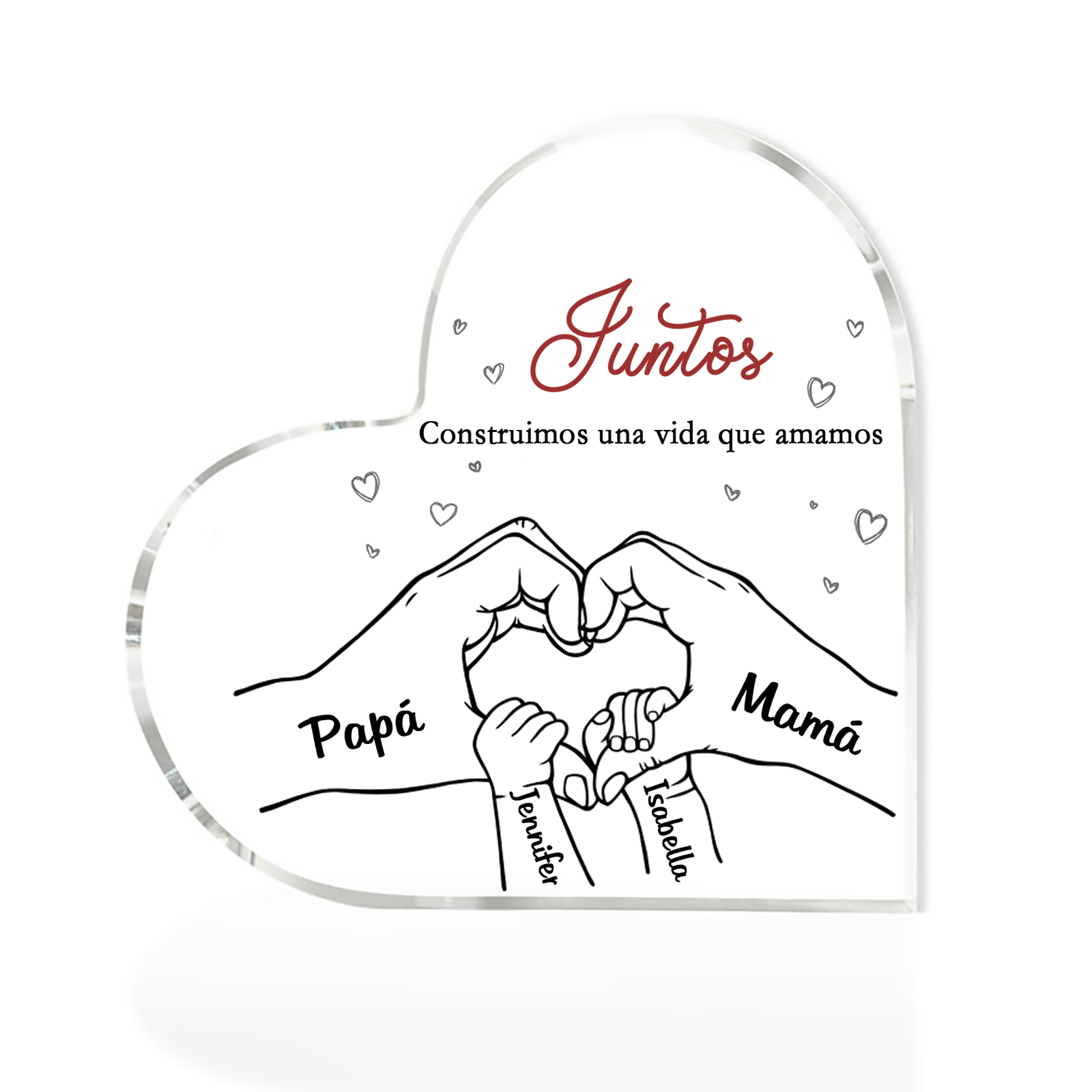 A familia-Placa de acrílico en forma de corazón mano con mano 4 nombres y 2 textos personalizados | Jessemade