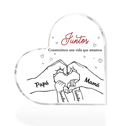 A familia-Placa de acrílico en forma de corazón mano con mano 4 nombres y 2 textos personalizados | Jessemade