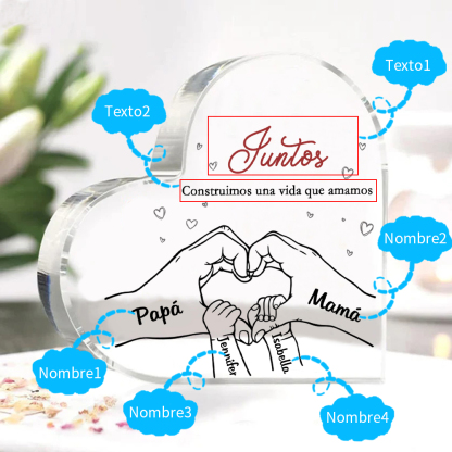 A familia-Placa de acrílico en forma de corazón mano con mano 4 nombres y 2 textos personalizados | Jessemade