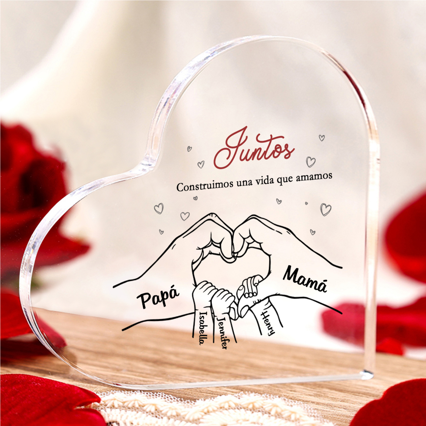 A familia-Placa de acrílico en forma de corazón mano con mano 5 nombres y 2 textos personalizados | Jessemade