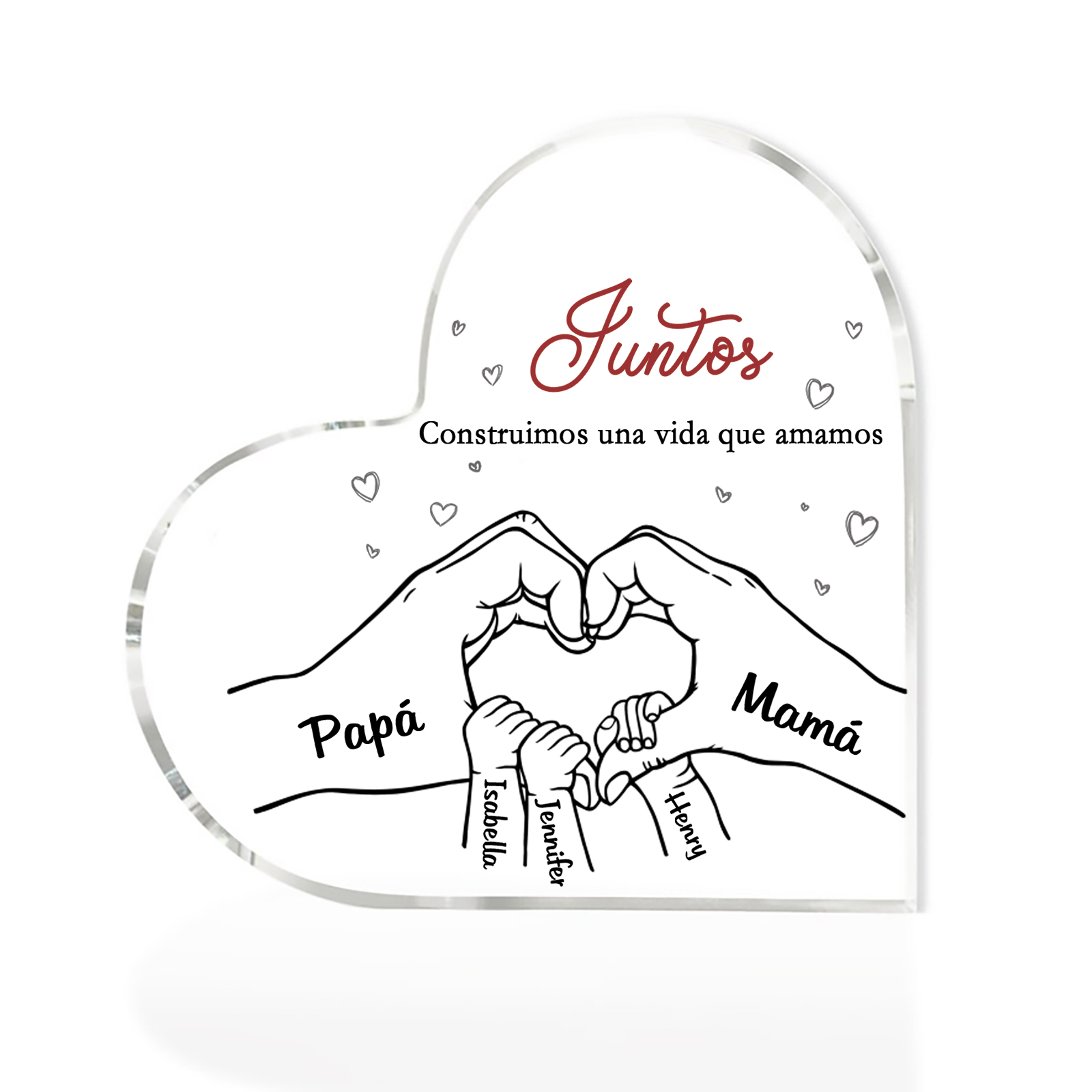 A familia-Placa de acrílico en forma de corazón mano con mano 5 nombres y 2 textos personalizados | Jessemade
