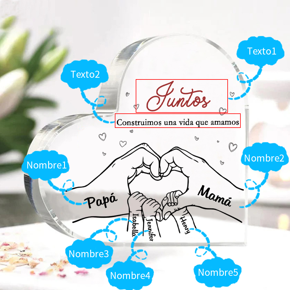 A familia-Placa de acrílico en forma de corazón mano con mano 5 nombres y 2 textos personalizados | Jessemade