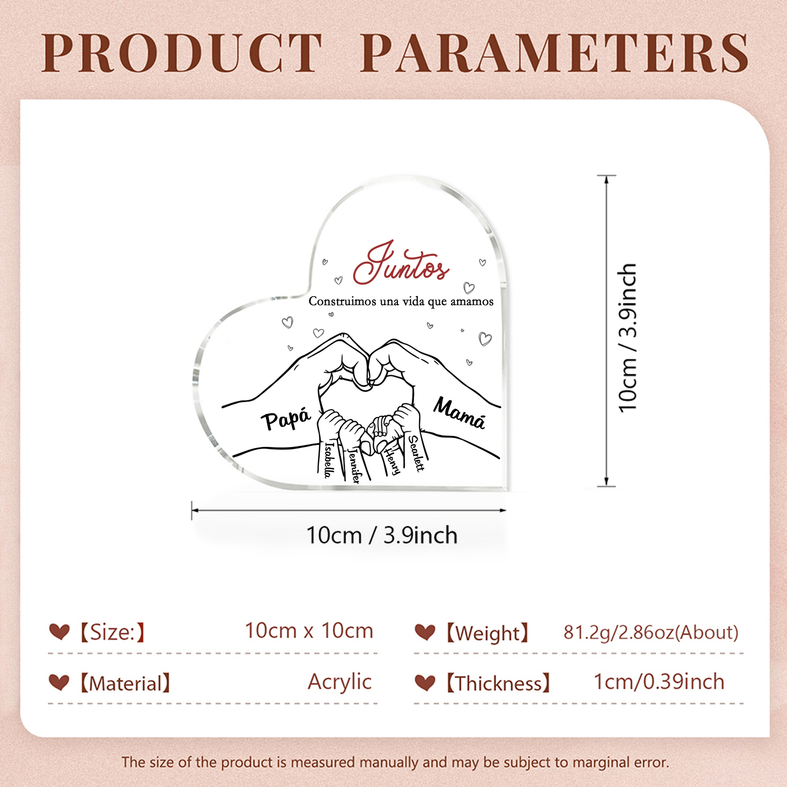 A familia-Placa de acrílico en forma de corazón mano con mano 6 nombres y 2 textos personalizados | Jessemade