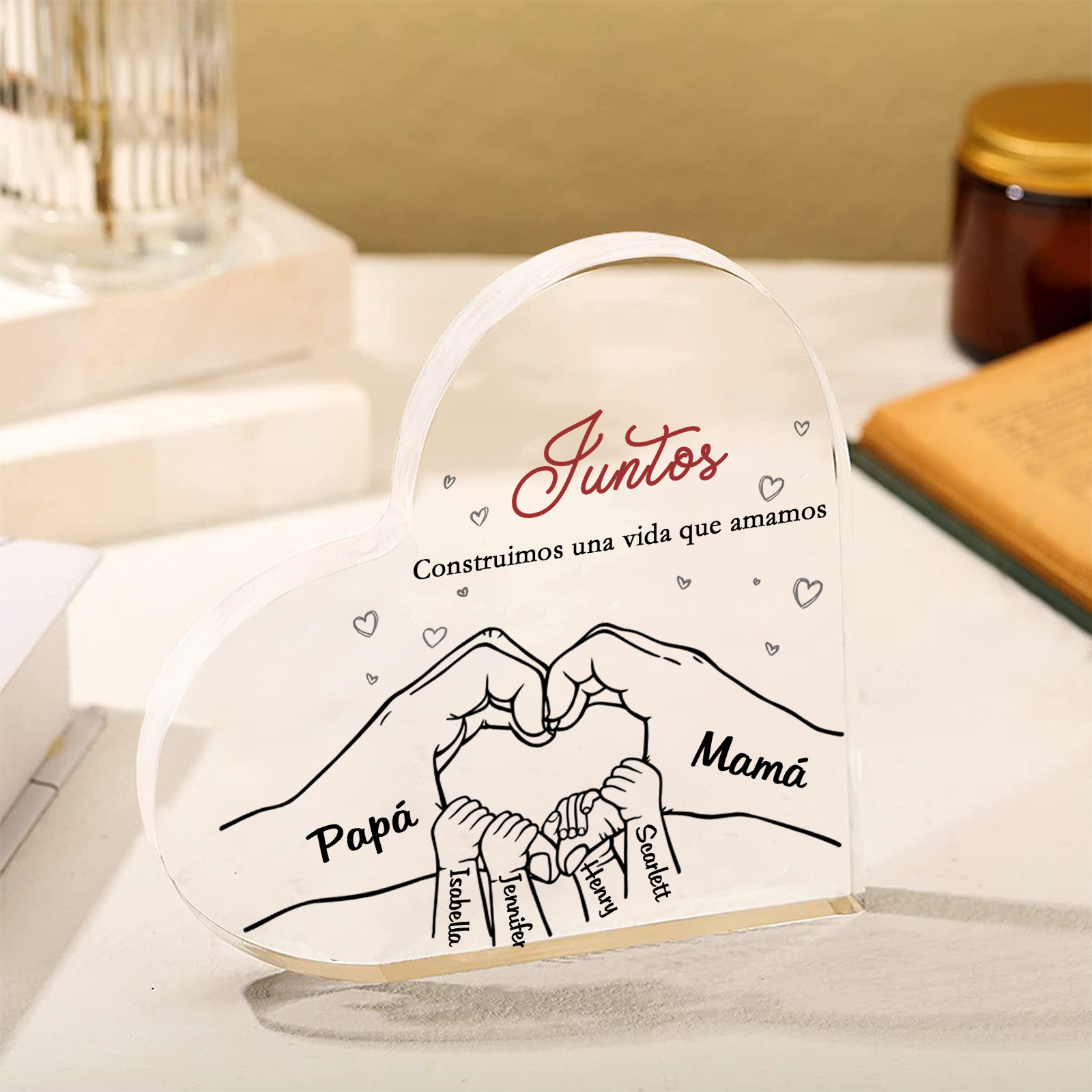 A familia-Placa de acrílico en forma de corazón mano con mano 6 nombres y 2 textos personalizados | Jessemade