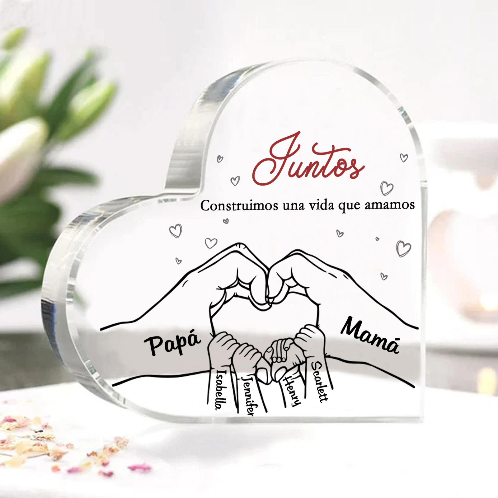 A familia-Placa de acrílico en forma de corazón mano con mano 6 nombres y 2 textos personalizados | Jessemade