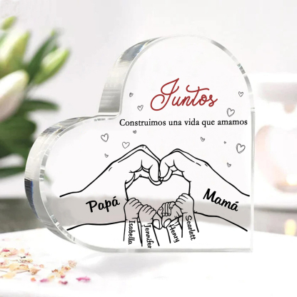 A familia-Placa de acrílico en forma de corazón mano con mano 6 nombres y 2 textos personalizados | Jessemade