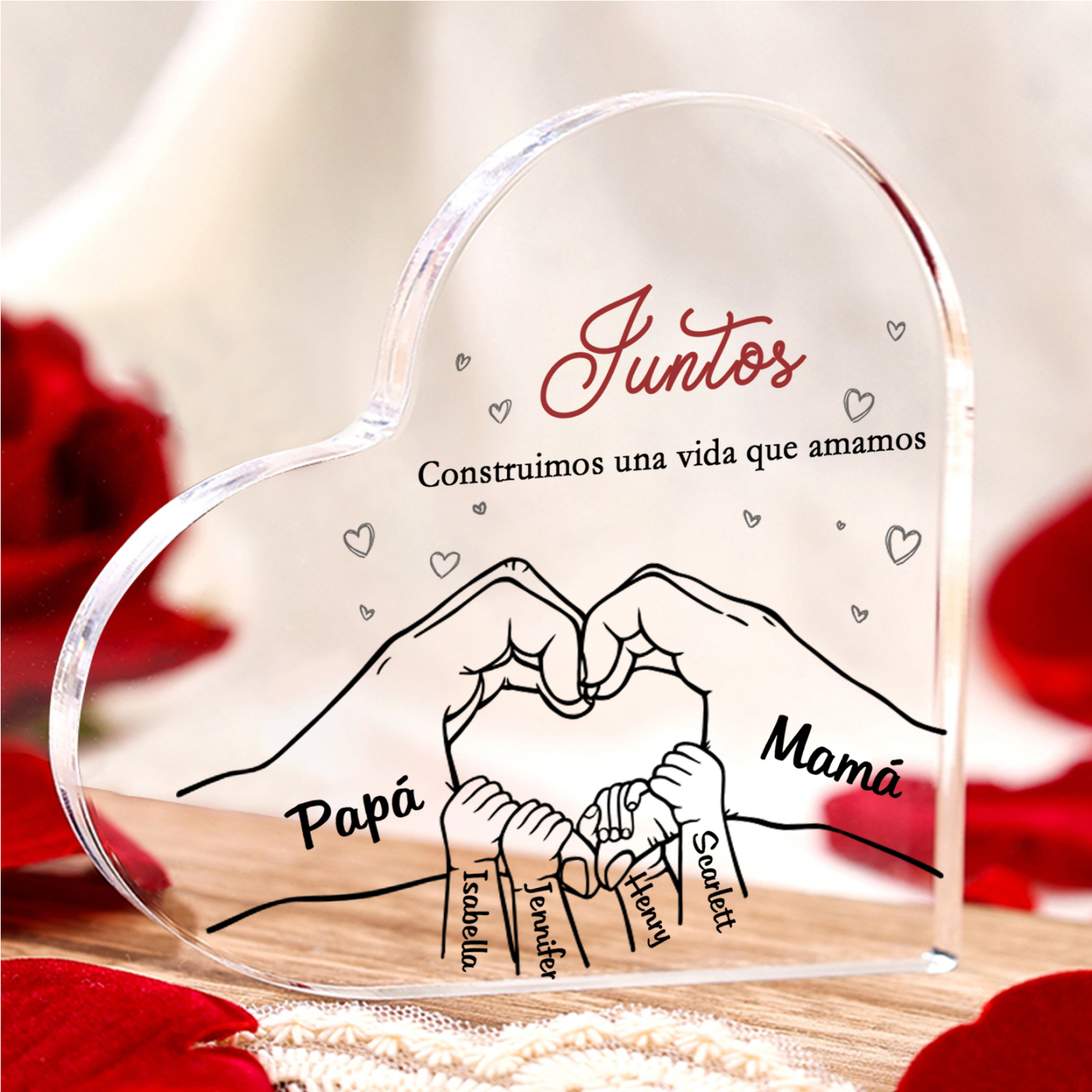 A familia-Placa de acrílico en forma de corazón mano con mano 6 nombres y 2 textos personalizados | Jessemade