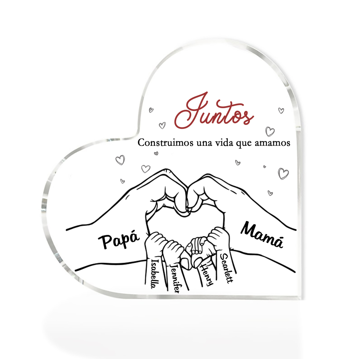 A familia-Placa de acrílico en forma de corazón mano con mano 6 nombres y 2 textos personalizados | Jessemade