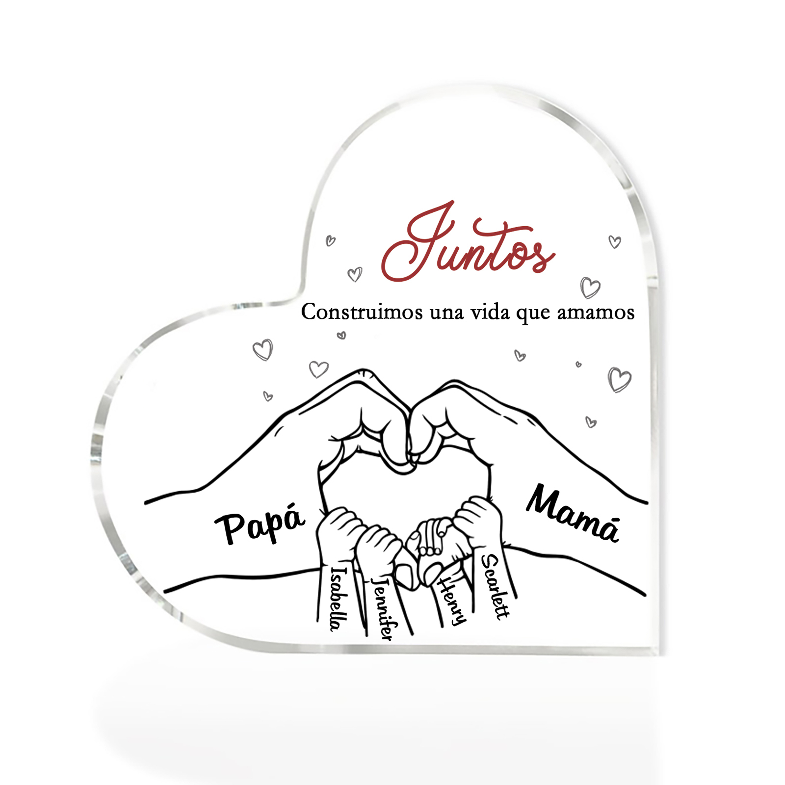 A familia-Placa de acrílico en forma de corazón mano con mano 6 nombres y 2 textos personalizados | Jessemade