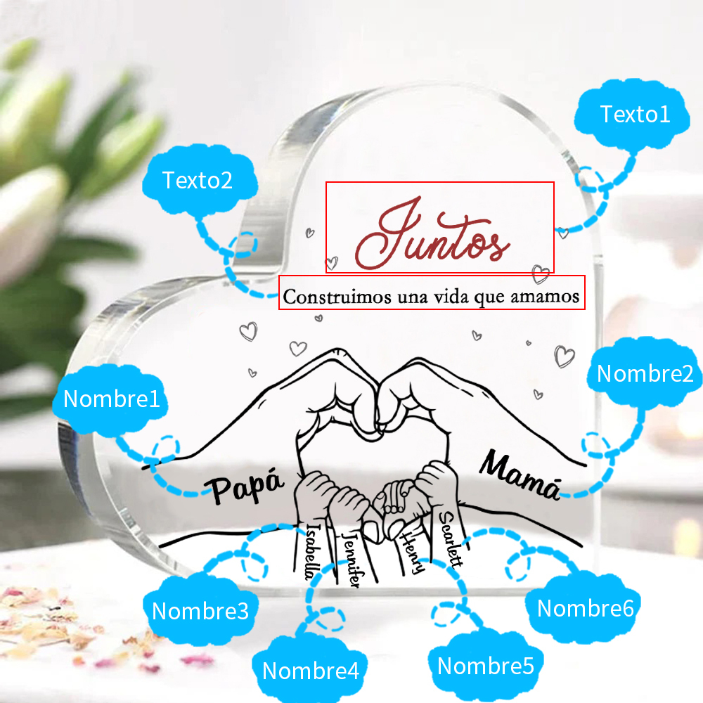 A familia-Placa de acrílico en forma de corazón mano con mano 6 nombres y 2 textos personalizados | Jessemade