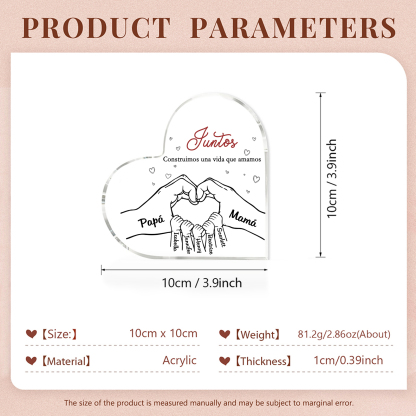 A familia-Placa de acrílico en forma de corazón mano con mano 7 nombres y 2 textos personalizados | Jessemade