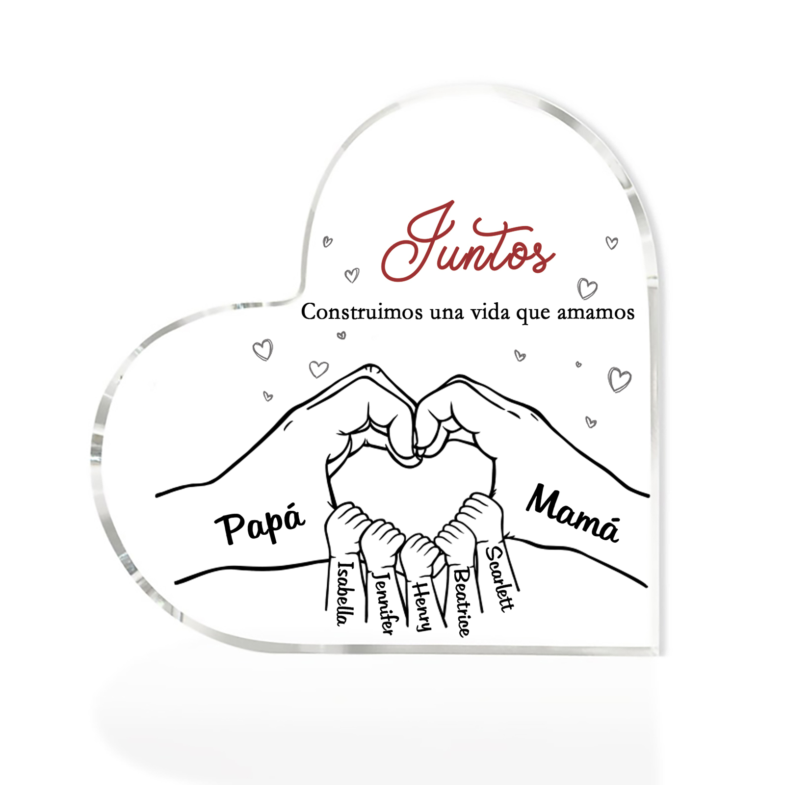 A familia-Placa de acrílico en forma de corazón mano con mano 7 nombres y 2 textos personalizados | Jessemade