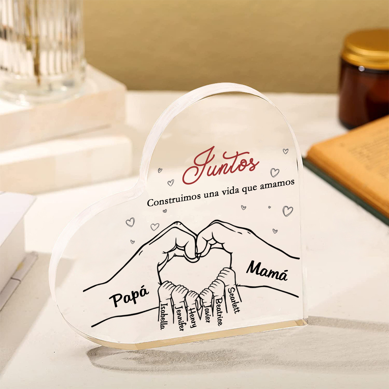 A familia-Placa de acrílico en forma de corazón mano con mano 8 nombres y 2 textos personalizados | Jessemade