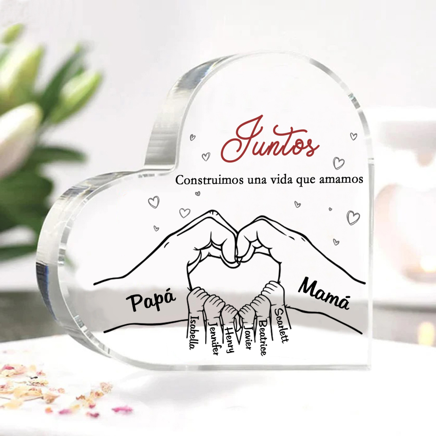 A familia-Placa de acrílico en forma de corazón mano con mano 8 nombres y 2 textos personalizados | Jessemade