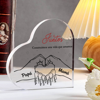 A familia-Placa de acrílico en forma de corazón mano con mano 8 nombres y 2 textos personalizados | Jessemade