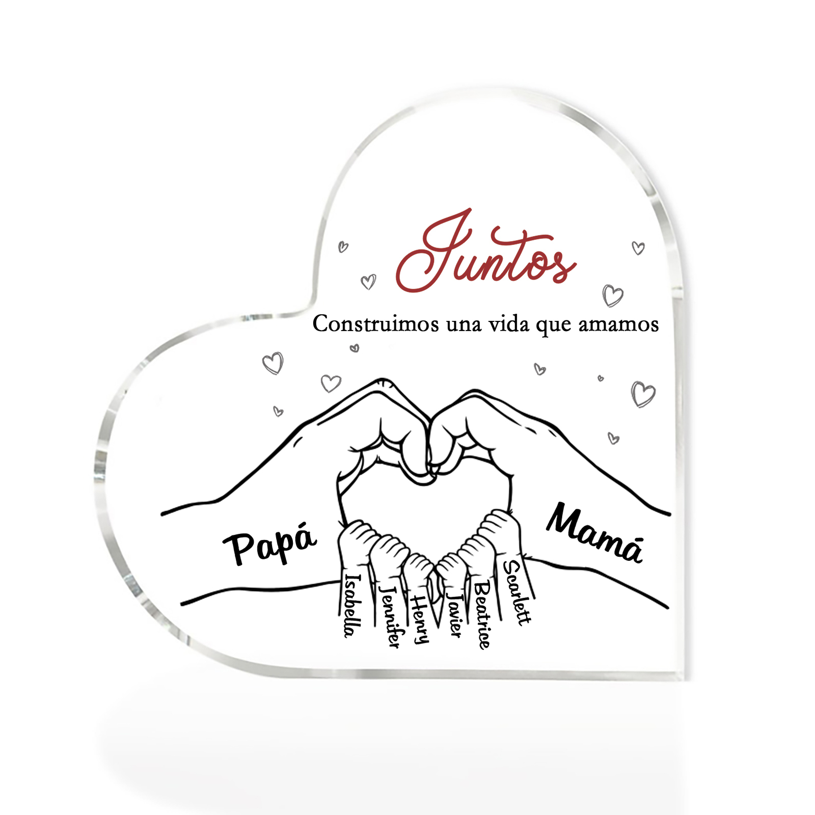 A familia-Placa de acrílico en forma de corazón mano con mano 8 nombres y 2 textos personalizados | Jessemade