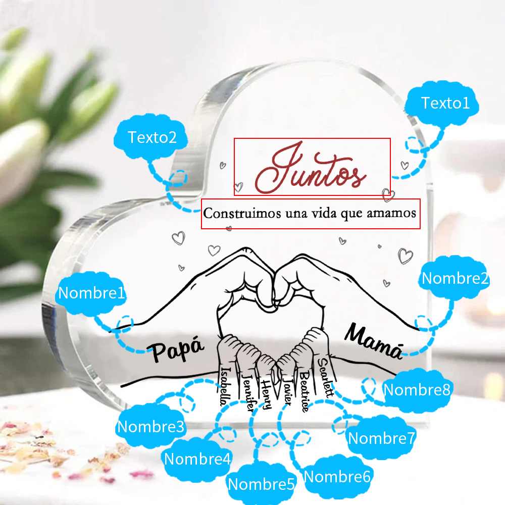 A familia-Placa de acrílico en forma de corazón mano con mano 8 nombres y 2 textos personalizados | Jessemade