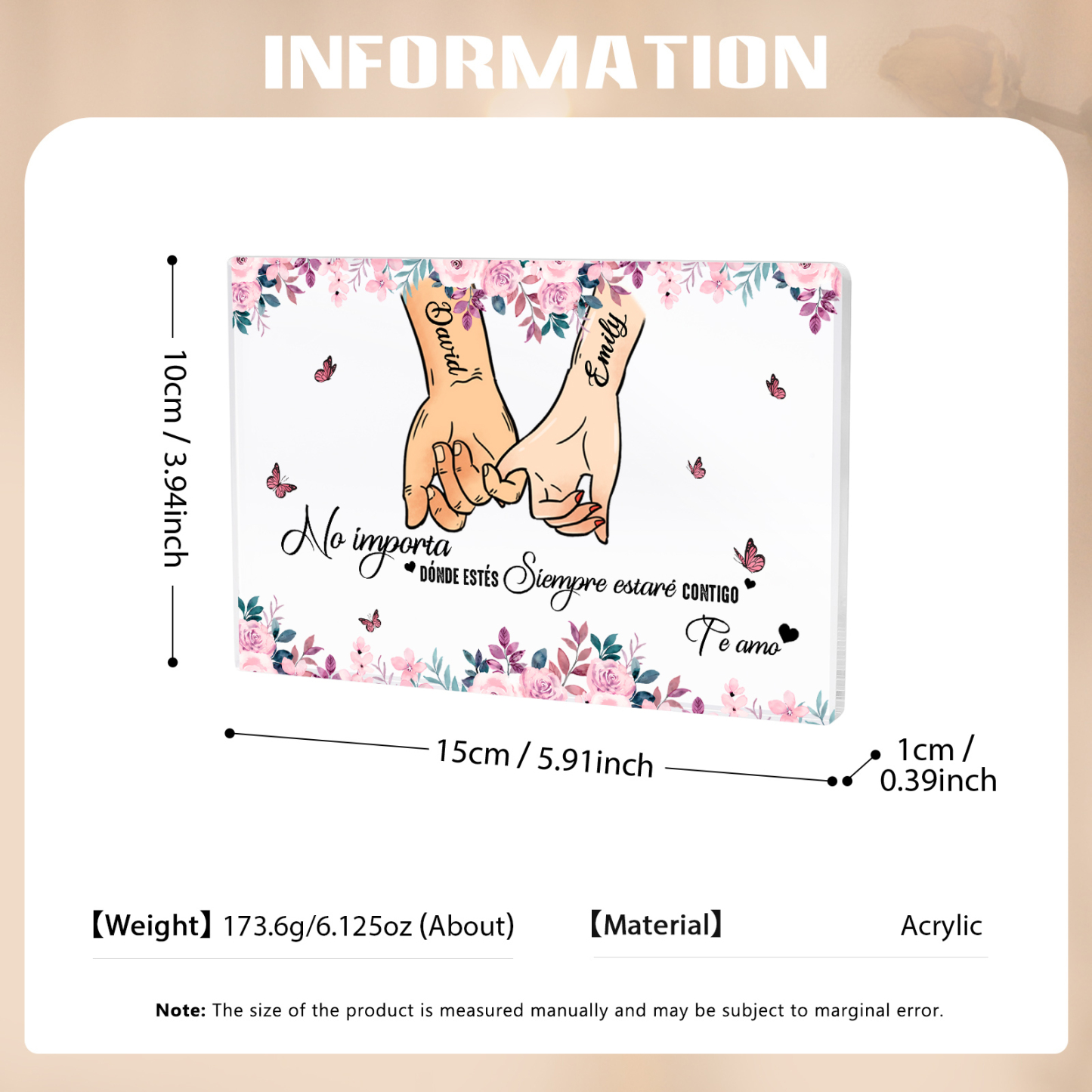 Placa de acrílico en forma de rectángulo para pareja con 2 nombres personalizados | Jessemade