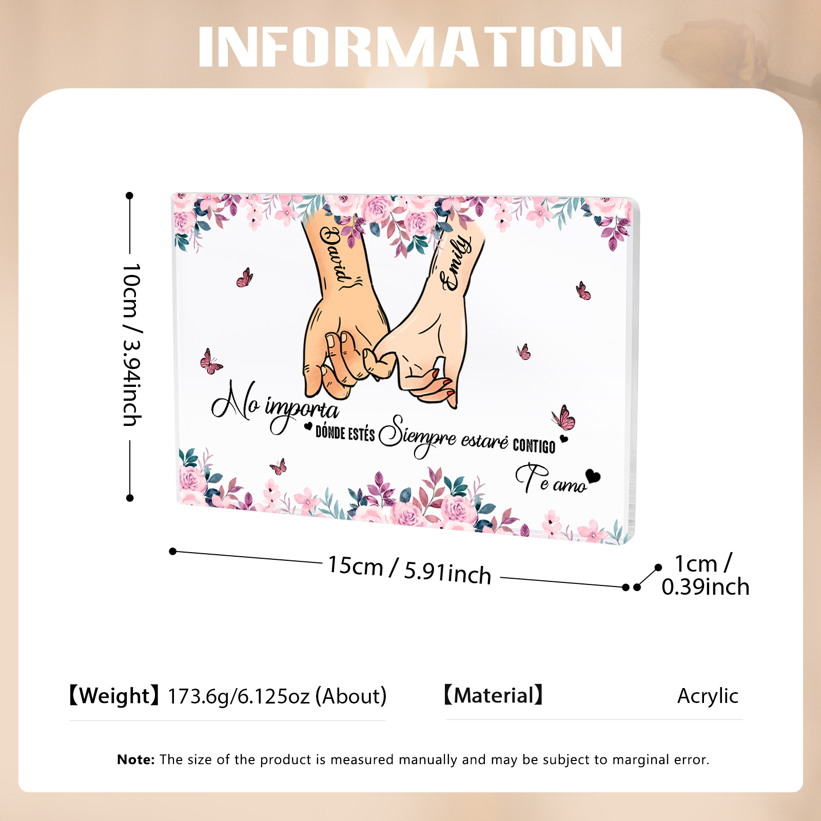 Placa de acrílico en forma de rectángulo para pareja con 2 nombres personalizados | Jessemade