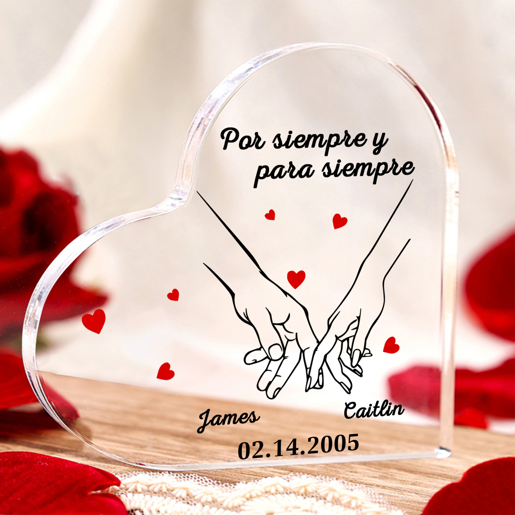 Placa de acrílico en forma de corazón con 2 nombres, año y figuras personalizados