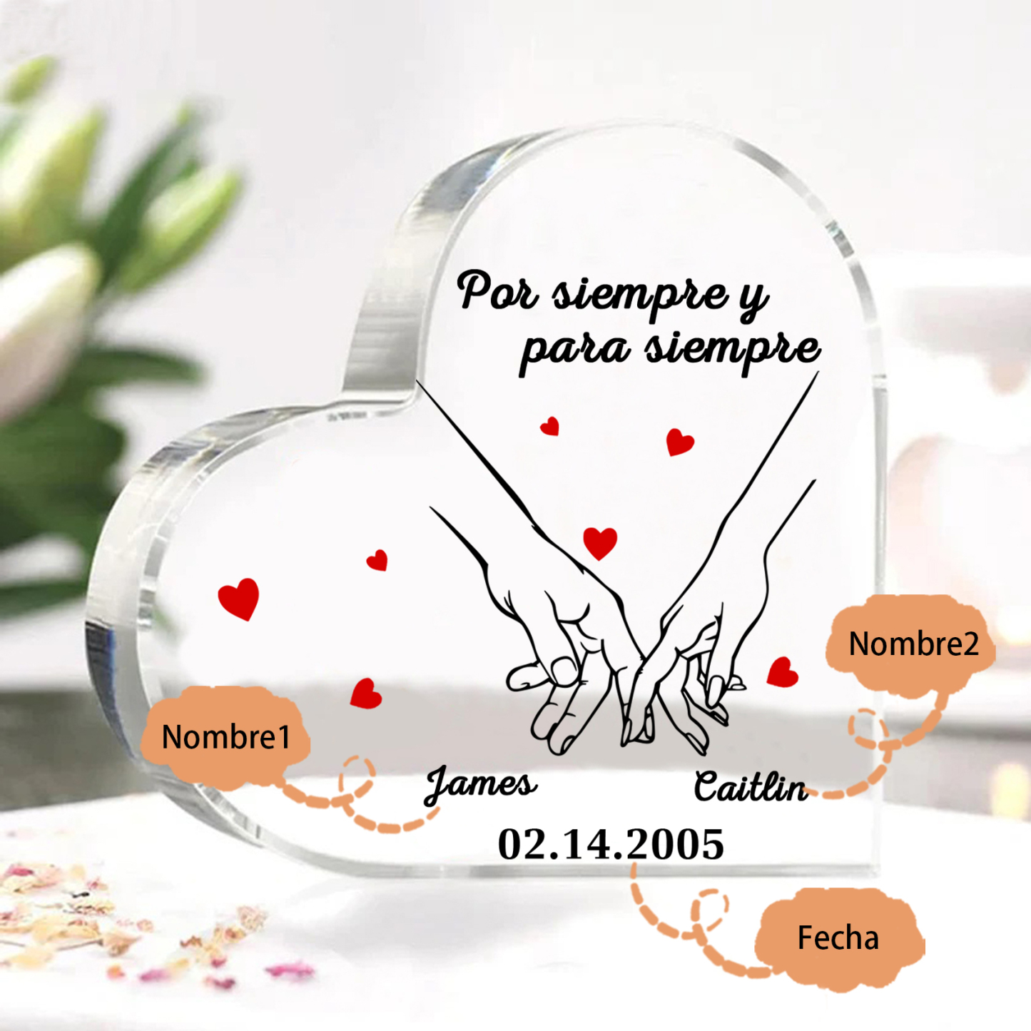 Placa de acrílico en forma de corazón para pareja con 2 nombres y fecha personalizados | Jessemade