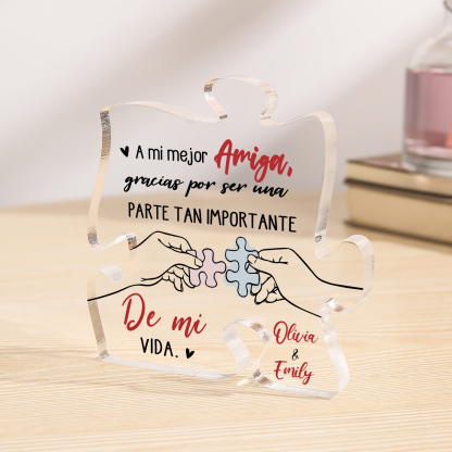 Placa de acrílico en forma de corazón para amiga con 2 nombres y flore