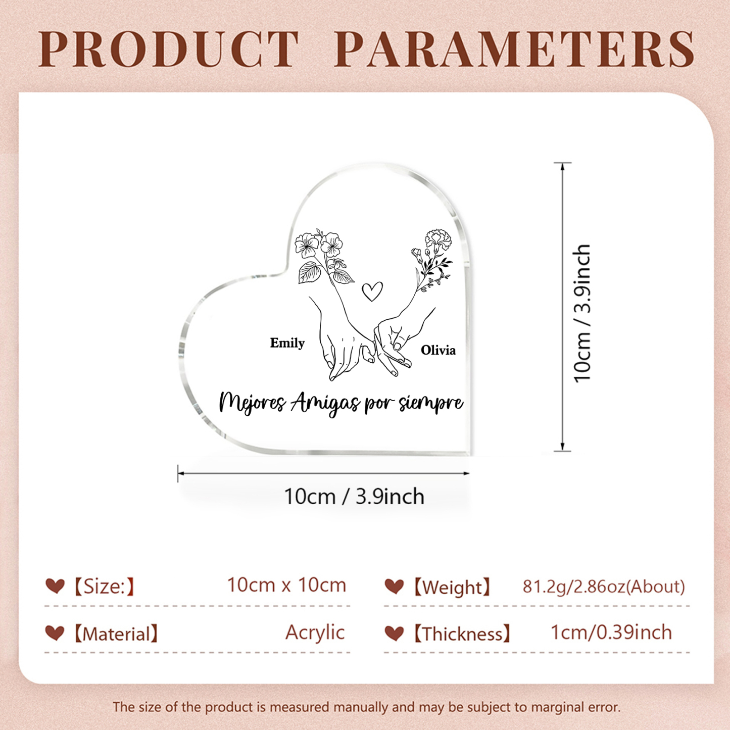 Placa de acrílico en forma de corazón para amiga con 2 nombres y flores de nacimiento personalizados | Jessemade