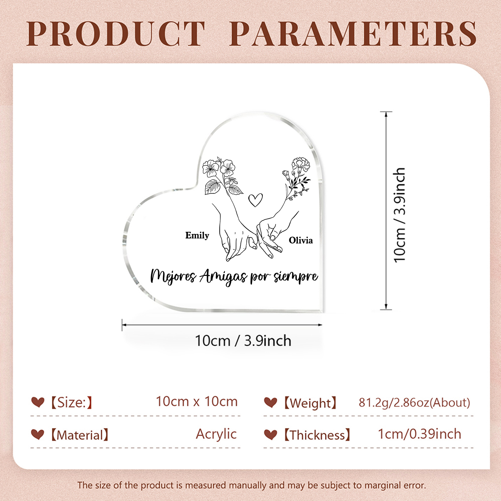 Placa de acrílico en forma de corazón para amiga con 2 nombres y flores de nacimiento personalizados | Jessemade