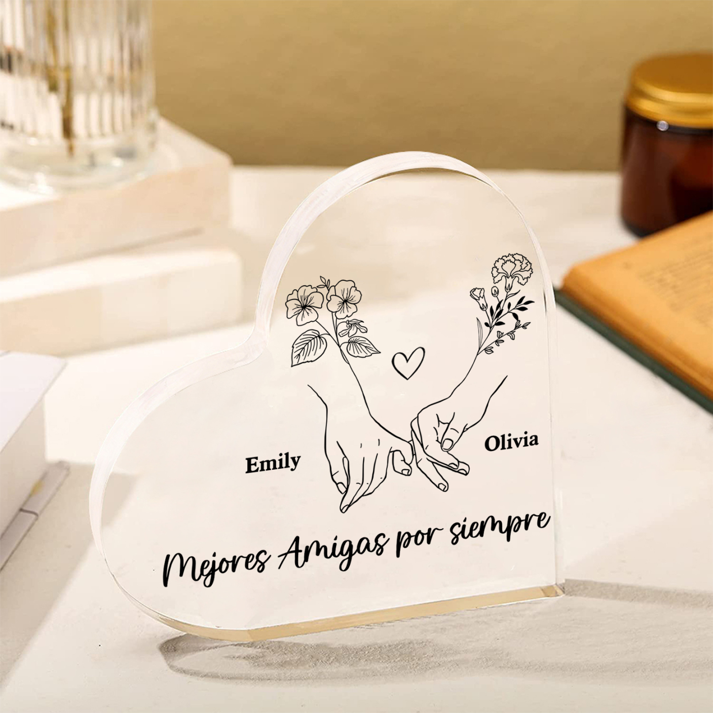 Placa de acrílico en forma de corazón para amiga con 2 nombres y flores de nacimiento personalizados | Jessemade