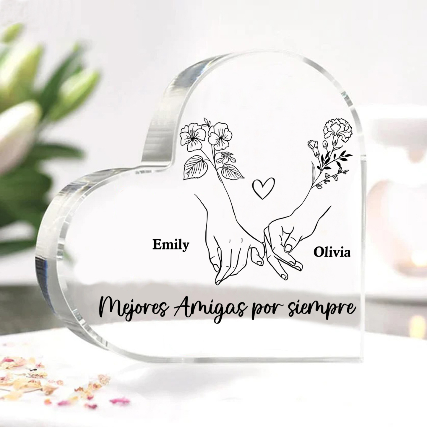 Placa de acrílico en forma de corazón para amiga con 2 nombres y flores de nacimiento personalizados | Jessemade
