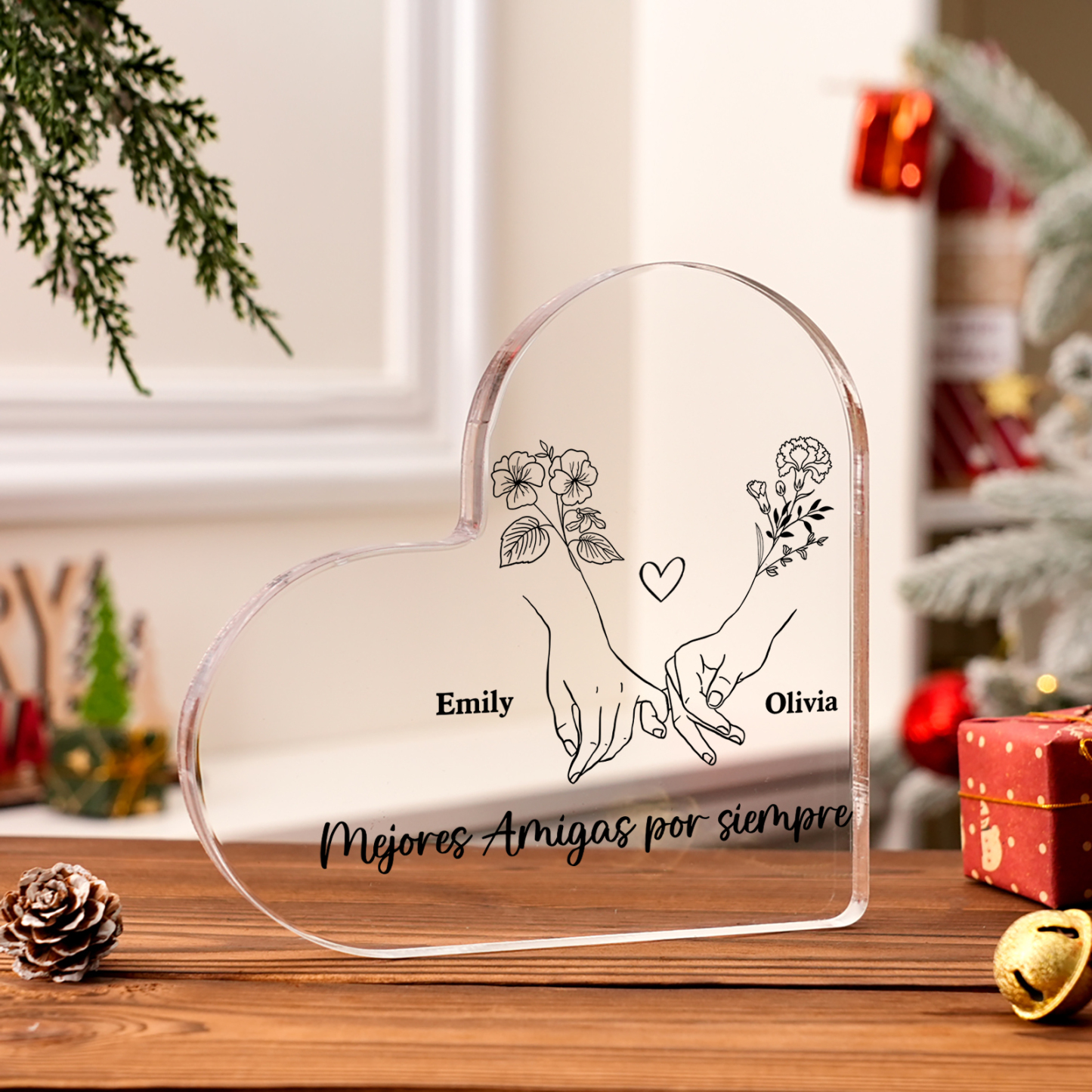 Placa de acrílico en forma de corazón para amiga con 2 nombres y flores de nacimiento personalizados | Jessemade