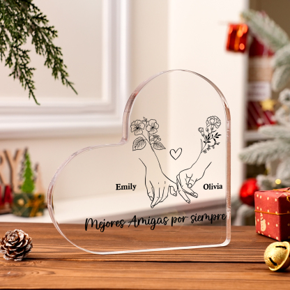 Placa de acrílico en forma de corazón para amiga con 2 nombres y flores de nacimiento personalizados | Jessemade