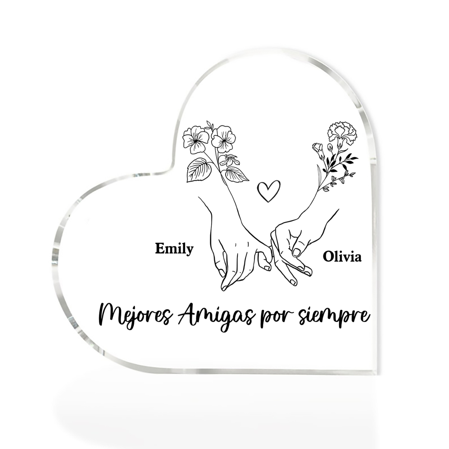 Placa de acrílico en forma de corazón para amiga con 2 nombres y flores de nacimiento personalizados | Jessemade