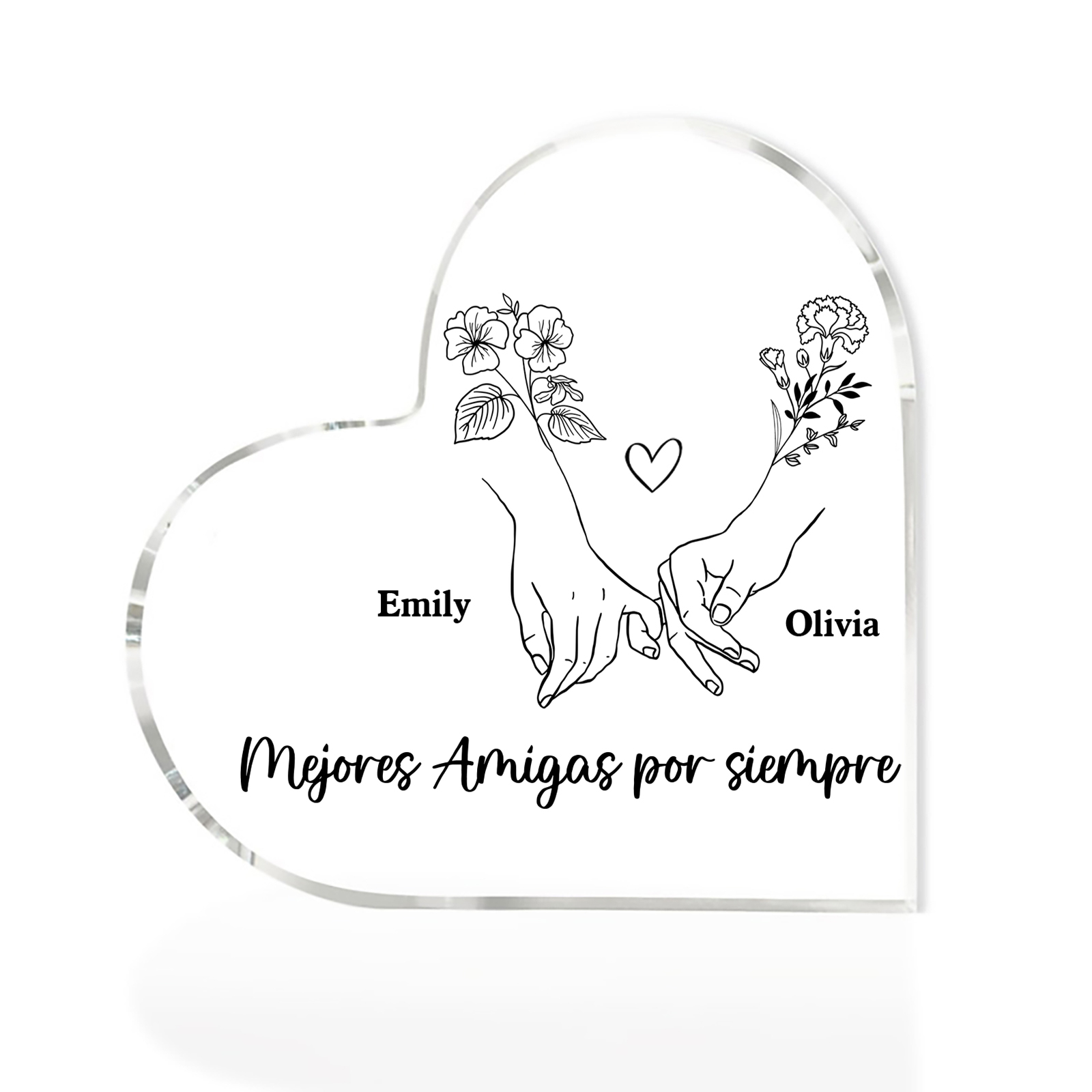 Placa de acrílico en forma de corazón para amiga con 2 nombres y flores de nacimiento personalizados | Jessemade