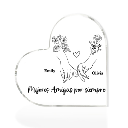 Placa de acrílico en forma de corazón para amiga con 2 nombres y flores de nacimiento personalizados | Jessemade