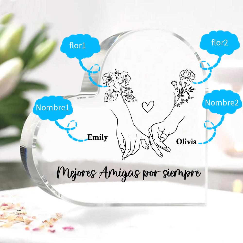 Placa de acrílico en forma de corazón para amiga con 2 nombres y flores de nacimiento personalizados | Jessemade