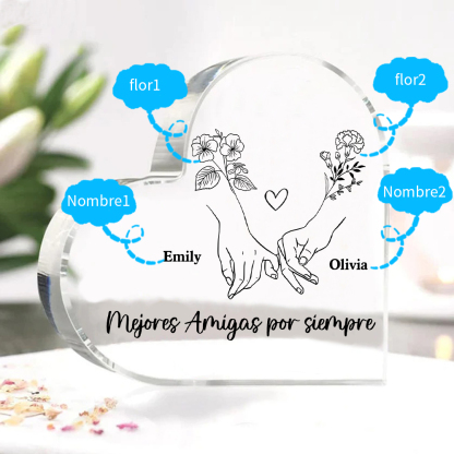 Placa de acrílico en forma de corazón para amiga con 2 nombres y flores de nacimiento personalizados | Jessemade