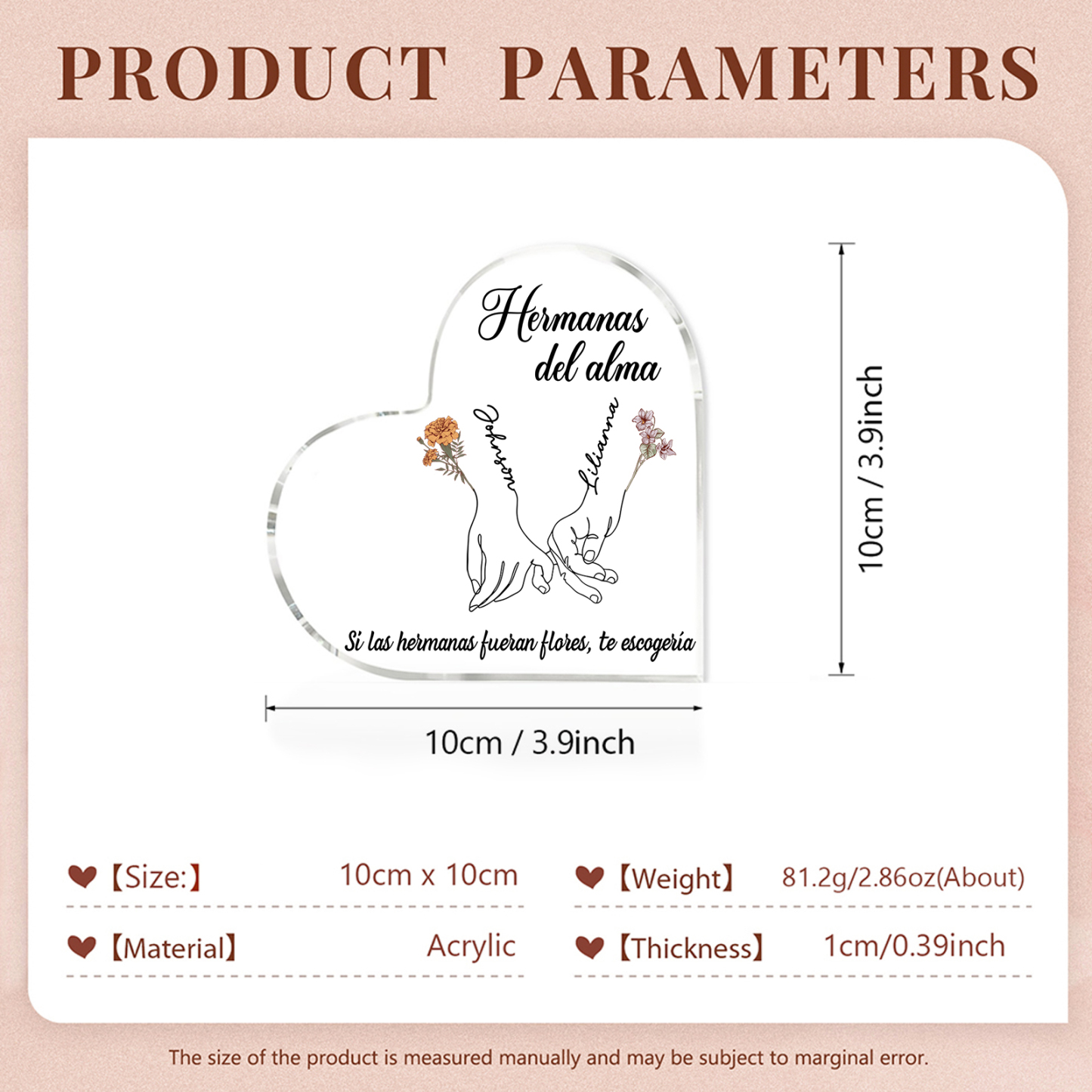 Placa de acrílico en forma de corazón para amiga/hermana con 2 nombres, flores de nacimiento y textos personalizados | Jessemade